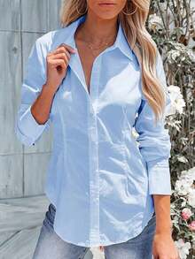 Blusa con cintura plisada para mujer, camisa de botones deunicoloro con solapa entallada, parte superior para oficina y hogar que define la cintura para otoño, invierno y primavera - Azul cielo - Ver 4