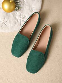 Women's Square Toe Soft Bottom Slip-On Shoes, Fashion Versatile Loafers, Breathable Solid Color Patchwork, Suitable For Casual, Beach, Party, Commuting, Basic, Spring/Summer/Autumn/Winter - Green - View 5