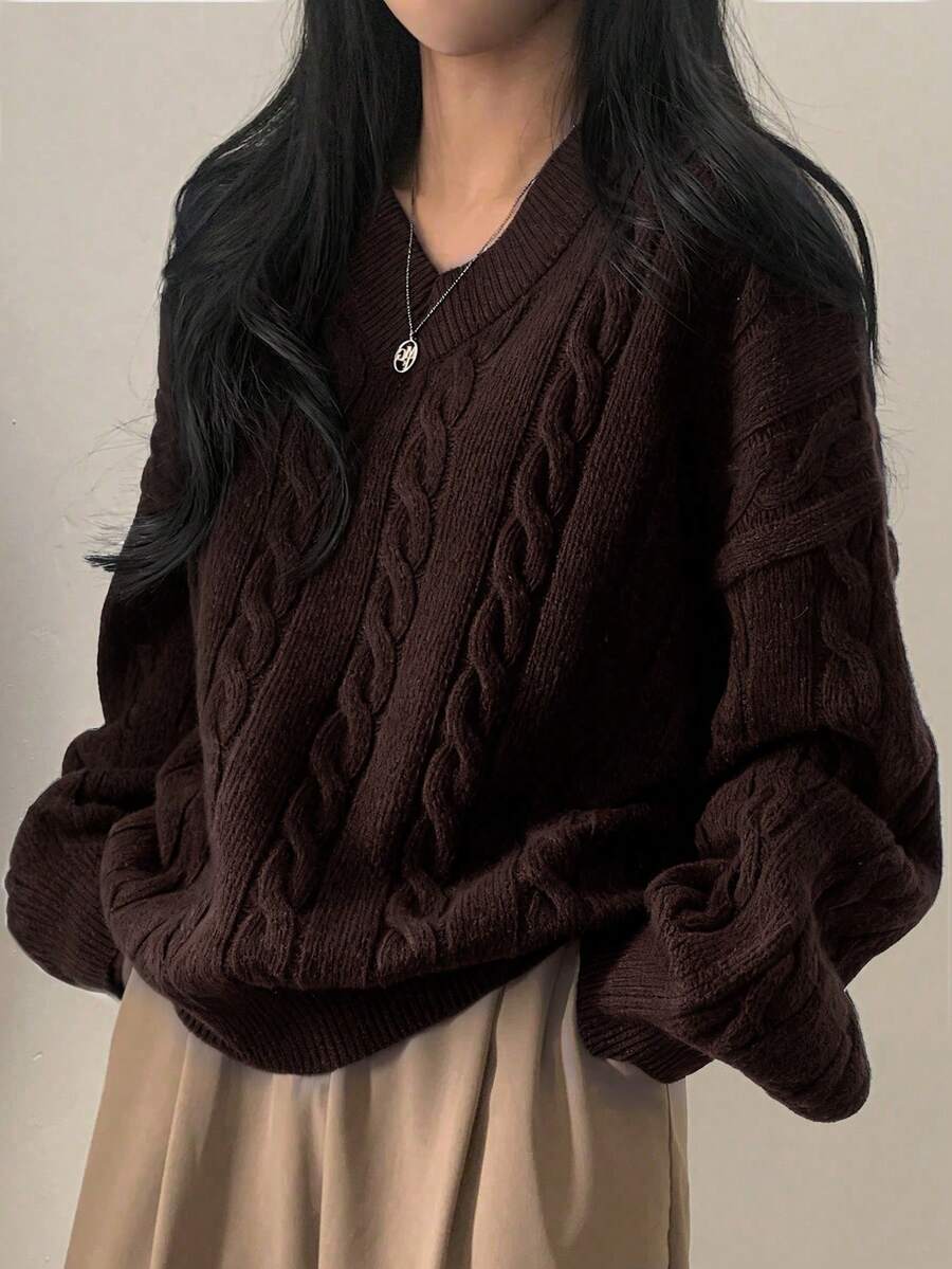 EAVA 女士休闲宽松针织上衣，简约V领设计，复古风格，情人节，女士情人节穿搭，情人节服装 - 棕色 - 查看 1