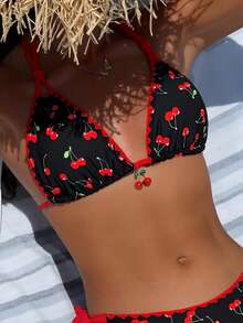 一套女士比基尼两件式泳衣，撞色花卉饰边樱桃印花挂脖系带时尚沙滩度假夏季装 - 紅色 - 查看 4