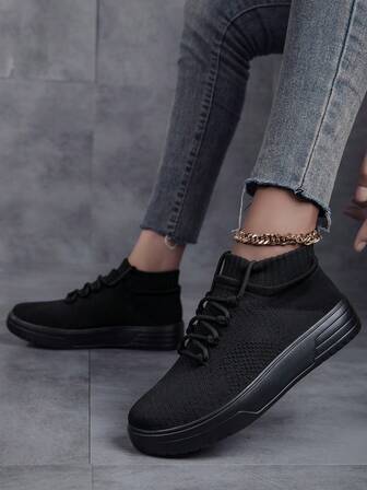 Women's New Lace-Up Sock Sneakers, Comfortable Soft Round Toe Fitness Running Sports Shoes