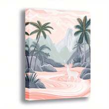 Arte de pared en lienzo retro moderno con palmeras y ciervos en un paisaje de agua dulce, póster impreso de alta calidad, marco de madera, lienzo envuelto, adecuado para sala de estar, dormitorio, cocina, baño - Postura vertical, decoración elegante para colgar en la pared, decoración de pared interior |   Arte de escena tranquila |   Marco de Lienzo Envolvente, Decoración de Arte de Pared - Multicolor - Ver 3