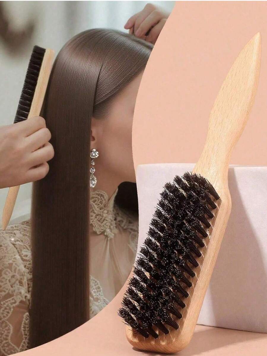 1支男女通用猪鬃顺滑梳，可作胡须刷、防毛躁梳、蓬松木柄梳、解结梳、发际线定型梳、光滑马尾梳 - 配有宽锥形尾梳，方便分缝、造型、抛光和抚平头发，打造无毛躁发型，男女皆宜，推荐作为圣诞礼物