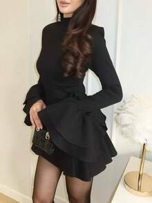Women's Elegant Solid Color Multilayer Ruffle/Frill Formal Evening Dress, Knit Fabric Black Spring - Black - View 3
