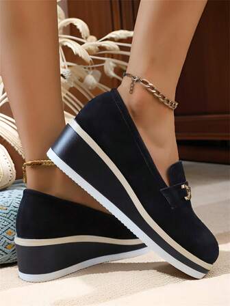 Women's Black Slip-On Platform Wedge Shoes, Fashion Versatile Soft Bottom Waterproof Heel, Breathable Fabric Upper Extremely Comfortable High Heels, Suitable For Daily Casual, Vacation, Commuting, Solid Color Fashionable Fabric Metal Buckle Decor, Home, Business, All Season