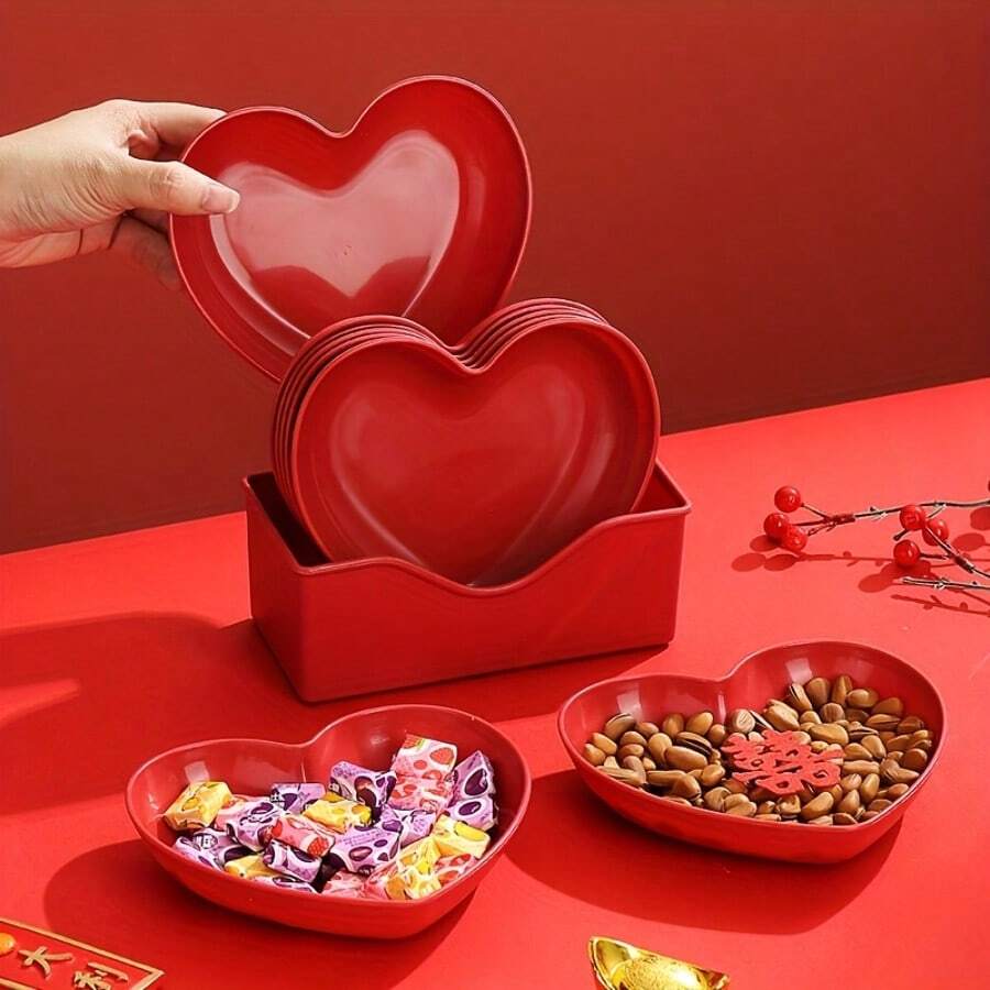 6pcs Heart-Shaped Plastic Serving Trays Set, Red Love Theme For Fruit, Snacks And Candy, Suitable For Valentine's Day, Wedding, Party And Special Occasions
