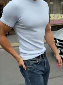 Men's Casual Slim Fit T-Shirt, Basic Dressy Style - Celeste - Ver 8