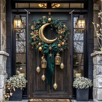 2D Door Banner, Ramadan Crescent Moon Wreath - Durable Polyester Front Door Banner, Ideal For Seasonal Parties And Outdoor Decor, No Power Required