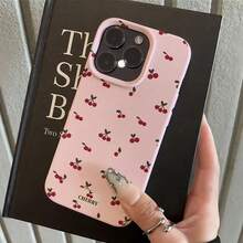 1pc Pink Matte Cherry Style Leather Texture Soft Shockproof Cherry Print Case Compatible With Iphone 14 Pro Max, 13, 12 Pro, 11, XS Max, XR, Couple Phone Case Spring Gift Birthday - Multicolor - View 4