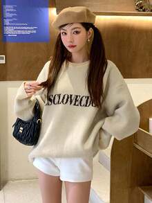 Autumn/Winter New Casual Loose Letter Knit Sweater Pullover Top - Apricot - View 3