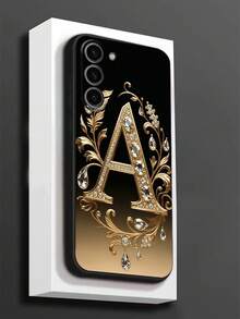 A-Letter Rhinestone Floral Pattern Phone Case, Black TPU Soft Protective Cover, Compatible With Huawei Honor, Galaxy, International Version,  Not The Domestic Version - Black - View 6