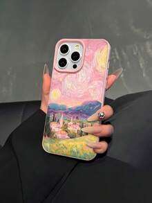 Funda de TPU con diseño de paisaje de pueblo al atardecer y arte abstracto para  17,  16 Pro Max,  15 Pro Max,  13 y  12, con protección anticaídas. Un regalo perfecto para familiares, amigos, parejas e ideal para celebraciones navideñas. - Rosa - Ver 3