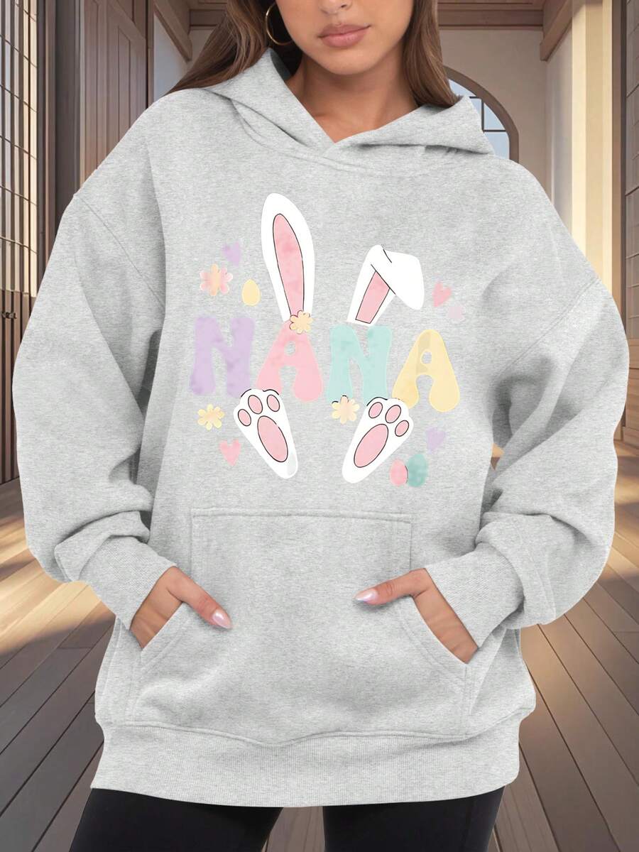 Sudadera con capucha gris con estampado de conejo y letras NANA para mujer ideal para primavera y otoño - Gris Claro - Ver 1