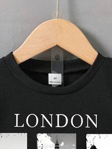Fashionable Young Boys' Spring/Summer Outfit, London Landmark Print Set, Black Short Sleeve Tee & Shorts, Retro Style For Outings - Black - View 3