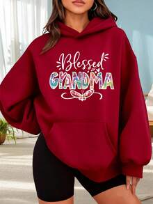 Fashionable Outdoor Hooded Sweater For Women. Black Hoodie With Floral Print And "Grandma" Text, Ideal For Everyday Wear, Special Occasions, And Spring/Summer Season. Perfect For Dates, Outings, And Holiday Gifts. The Best Choice For A Date Night. - 酒紅色 - 查看 6