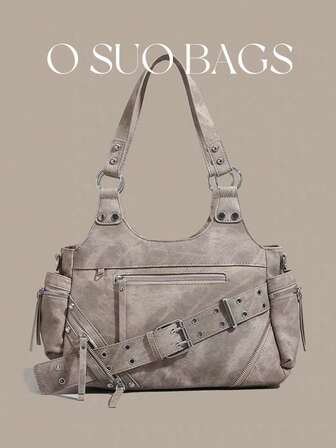 1pc Vintage Large Capacity PU Leather Street Style Y2K Women's Shoulder Bag, Multiple Pockets With Zipper Decor, Handbag & Crossbody Bag, Rivet Accent, Suitable For Daily Use, Party, Commuting, Travel