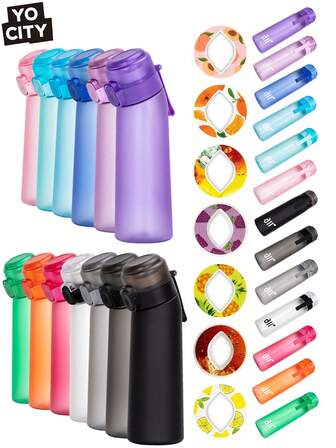 1 st vattenflaska med fruktdoft, startset för sportvattenflaskor, vattenmugg för utomhusbruk med 1 slumpmässig oval fruktaromring, för gym och utomhuspresent - (smakkapslar förbättrar endast luktsinnet, inte smaken) Förändrar inte vattnets smak, får det bara att lukta väldoftande
