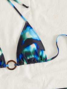 Bộ bikini nữ buộc dây sau cổ với quần lọt khe hai bên và váy kiểu boho, chất liệu co giãn cao, in họa tiết, thích hợp cho kỳ nghỉ hè ở bãi biển. - Màu xanh lam - Xem 5