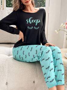 2pcs Women's Spring/Autumn Milk Silk Pajama Set, Long Sleeve Round Neck "SLEEP" Print Top And Pants, Soft & Comfortable Loungewear - Multicolor - View 5