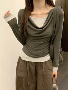 Green Draped Neck 2 In 1 Long Sleeve T-Shirt, Cinched Waist, Women's Autumn Top, Layering Undershirt - Grey - View 1