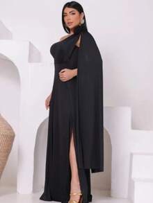 Women's Long Party Dress, One Shoulder, Draped With Slit – Elegant Fluit Fabric For Bridesmaids, Weddings, And Graduations – One Size Fits All. Elegant Asymmetrical Party Dress For Weddings. - 黑色 - 查看 6