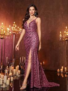 UNITHORSE Women's Spaghetti Strap Backless Criss-Cross Sequin Patchwork High Slit Dress, Party Evening Gown - Red Violet - View 4