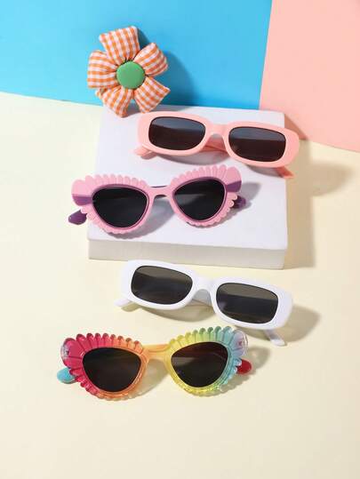 一套4副，男女童6-8岁休闲基础款长方形镜框和复古猫眼框时尚眼镜，适合户外和派对佩戴，带眼镜盒