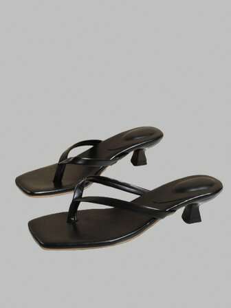 Women's Fashion Thong Sandals, Black & Gold High Heel Shoes, Comfortable Summer Flip Flops, Solid Color Slippers Suitable For Formal, Party, Work And Daily Wear, Elegant Women Heeled Sandals