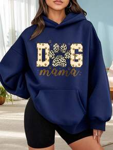 Fashionable Outdoor Hooded Sweater For Women. Black Hoodie With Dog Paw Print And "Dog Mama" Text For Dog Lovers. Casual Style. Perfect For Dates, Outings, And Holiday Gifts. - 藏蓝色 - 查看 6