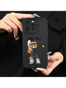 UE (DE et ES) Étui de téléphone moderne avec un ourson mignon jouant au tennis, convenant aux modèles 16, 15, 14, 13, 12, 11, XS, XR, X, 7, 8 Plus, Pro, Max et Mini. - Noir - Voir 4