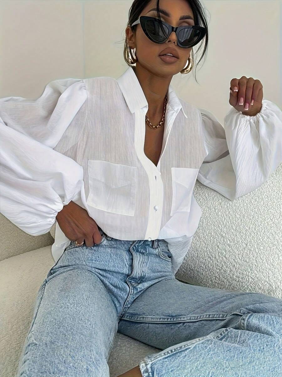 Women's Solid Color Button Front Pocket Long Sleeve Shirt, Suitable For All, High Cost-Performance, Spring/Summer Vacation, Holiday, Everyday Wear White - White - View 1