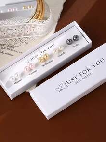 1 Set 7-Pair Pearl Stud Earrings, French Retro Minimalist Earrings For Non-Pierced Ears - Multicolor - View 7