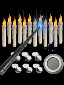 26pcs (12pcs 17cm/6.7in Candles, 12pcs 2cm/0.8in Hooks, 1pc 33.2cm/13.1in Magic Wand, 1pc 30m/9.8ft Fishing Line) Floating Candles With Magic Wand, Flameless Flickering Warm Light LED Taper Candles With Remote Control, Battery Powered For Christmas, Home, Wedding, Birthday Party Decor - Multicolor - View 10