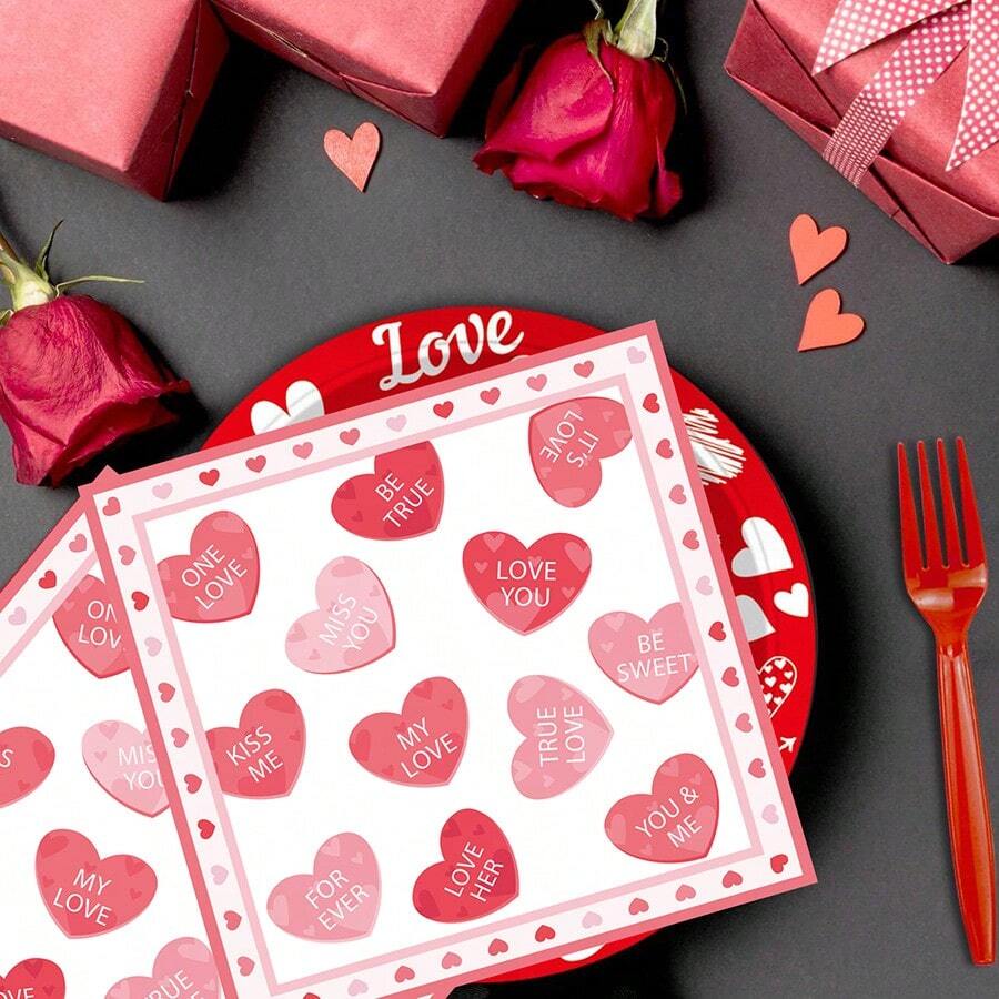 20张粉色心形一次性纸巾，情人节主题装饰 - 彩色 - 查看 1