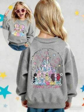 Suéter casual de doble cara con estampado para niñas, estampado de "Princesa Fugitiva", cuello redondo, diseño de letras, adecuado para otoño e invierno, uso casual, diario y al aire libre, serie Disney, regalo de cumpleaños para niños.