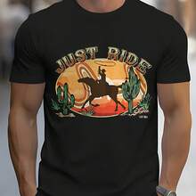 2026 New  Men's T-Shirt Short Sleeve T-Shirt With Cowboy Horse Print And Just Ride Text For Daily Wear And Casual Occasions Summer Autumn Comfortable And Versatile Everyday Outfits - 黑色 - 查看 6