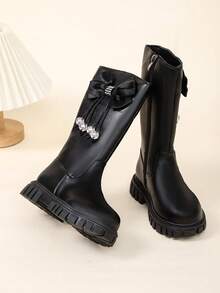 1 Pair Beige Plus Size Classic High-Top Boots For Girls, Solid Color Soft PU Fabric With Side Tassel, Beads And Bow Design, Round Toe, Thick Sole, Height-Increasing, Thermal Lining, Warm, Fashionable And Elegant, Suitable For Daily Casual, Outings, Vacations, Gatherings, Autumn Footwear - Black - View 9