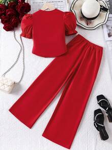 2pcs/Set Girls Elegant Puff Sleeve Round Neck Top And Casual Straight Leg Pants Outfit, Spring/Summer - Red - View 2