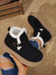 金属扣平底雪地靴，时尚百搭的套穿式踝靴 - 黑色 - 查看 3