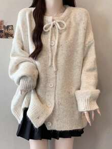 Autumn/Winter Round Neck Lace Bow Tie Cardigan Jacket Long Sleeve Top - Apricot - View 3