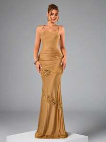 CHOSMO Váy nữ hở lưng vải dệt kim dày màu trơn kiểu dáng mới thanh lịch, thích hợp cho đám cưới, phù dâu, khách, tiệc tùng, sinh nhật, kỷ niệm, tốt nghiệp, lễ hội âm nhạc, cocktail, bữa tối trang trọng, chụp ảnh, vũ hội, du lịch, biểu diễn sân khấu, váy thường ngày mùa hè, váy đi nghỉ - Màu Khaki - Xem 9