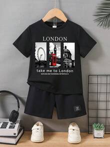 Fashionable Young Boys' Spring/Summer Outfit, London Landmark Print Set, Black Short Sleeve Tee & Shorts, Retro Style For Outings - Black - View 1