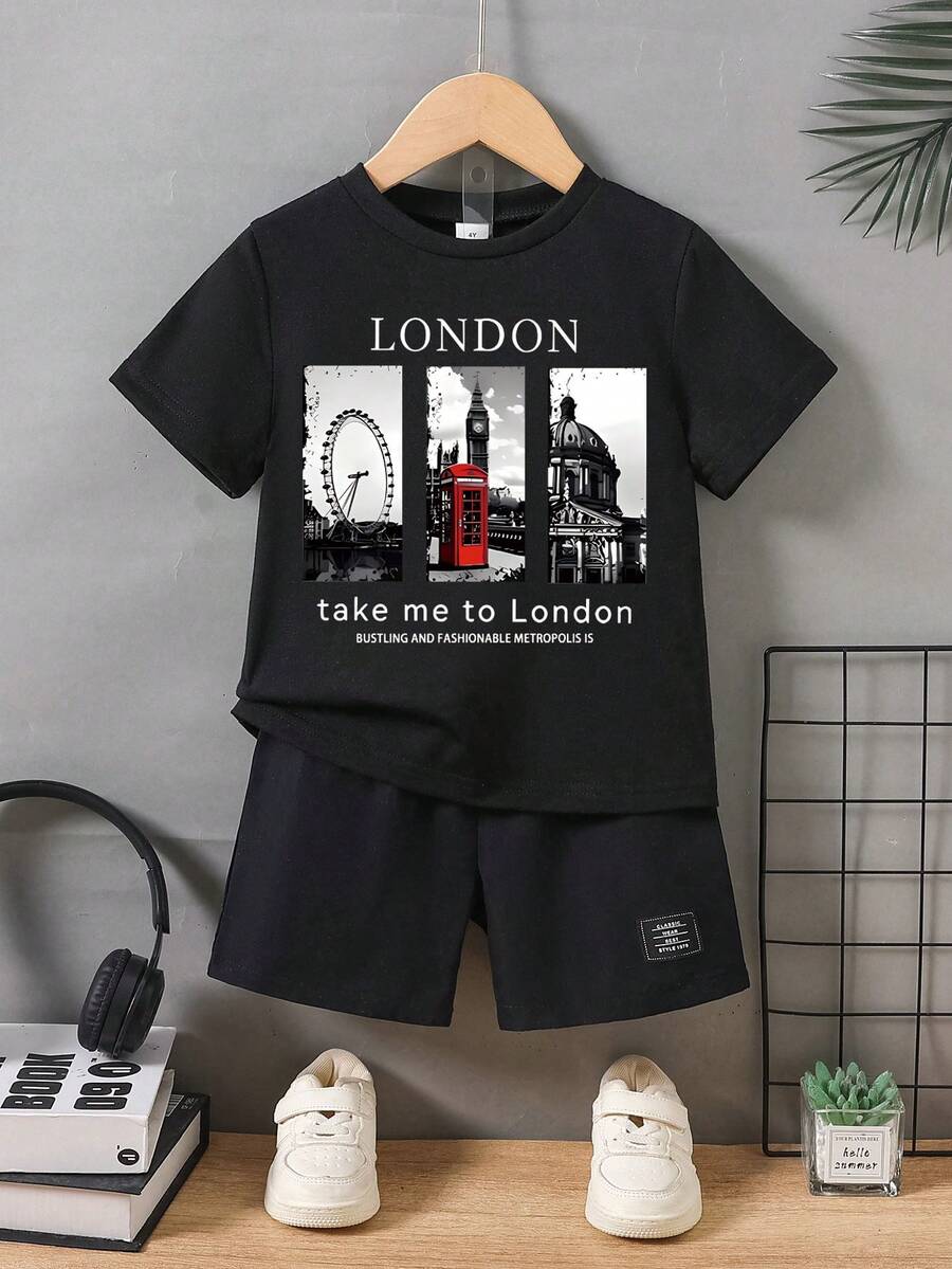 Fashionable Young Boys' Spring/Summer Outfit, London Landmark Print Set, Black Short Sleeve Tee & Shorts, Retro Style For Outings - Black - View 1