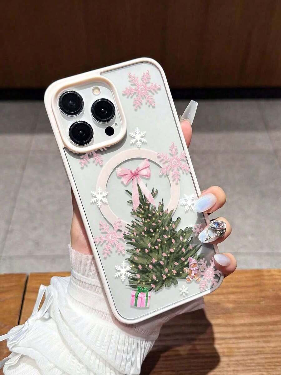 Funda de Teléfono de Navidad Rosa/Blanca con Patrón de Copo de Nieve y Árbol de Navidad, Funda de Teléfono con Anillo Magnético para Samsung A15/35/54/55 y Serie S, Apple 17, 16 Pro Max, 14/13, 12, 11 Pro Max, XS Max, X, XR, 8, 7, Plus, Adecuada como Regalo de Cumpleaños para Novia, Novio o Uso Personal - Rosa - Ver 1
