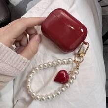 Glossy Wine Red TPU Earphone Protective Case With Pearl Chain And 3D Heart Shape, For AirPods 1/2/3/4, Pro 3/Pro 2, Scratch-Resistant, Shock-Proof, Soft And Durable, Mother's Day, Valentine's Day, Birthday Gift, Girlfriend Gift - Burgundy - View 16