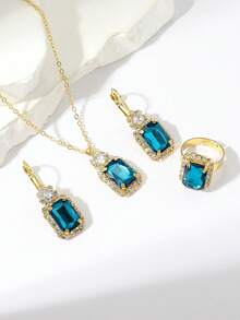 Women's Jewelry Set - Luxury Elegant Blue Sapphire Rhinestone Edged Earrings, Ring, Necklace 3 Pieces Set, Suitable For Evening Gala/New Year Party, Exquisite Accessories For Gifts, Confessions, Surprises, Campus Romance, Proposals, And Weddings - Multicolor - View 1