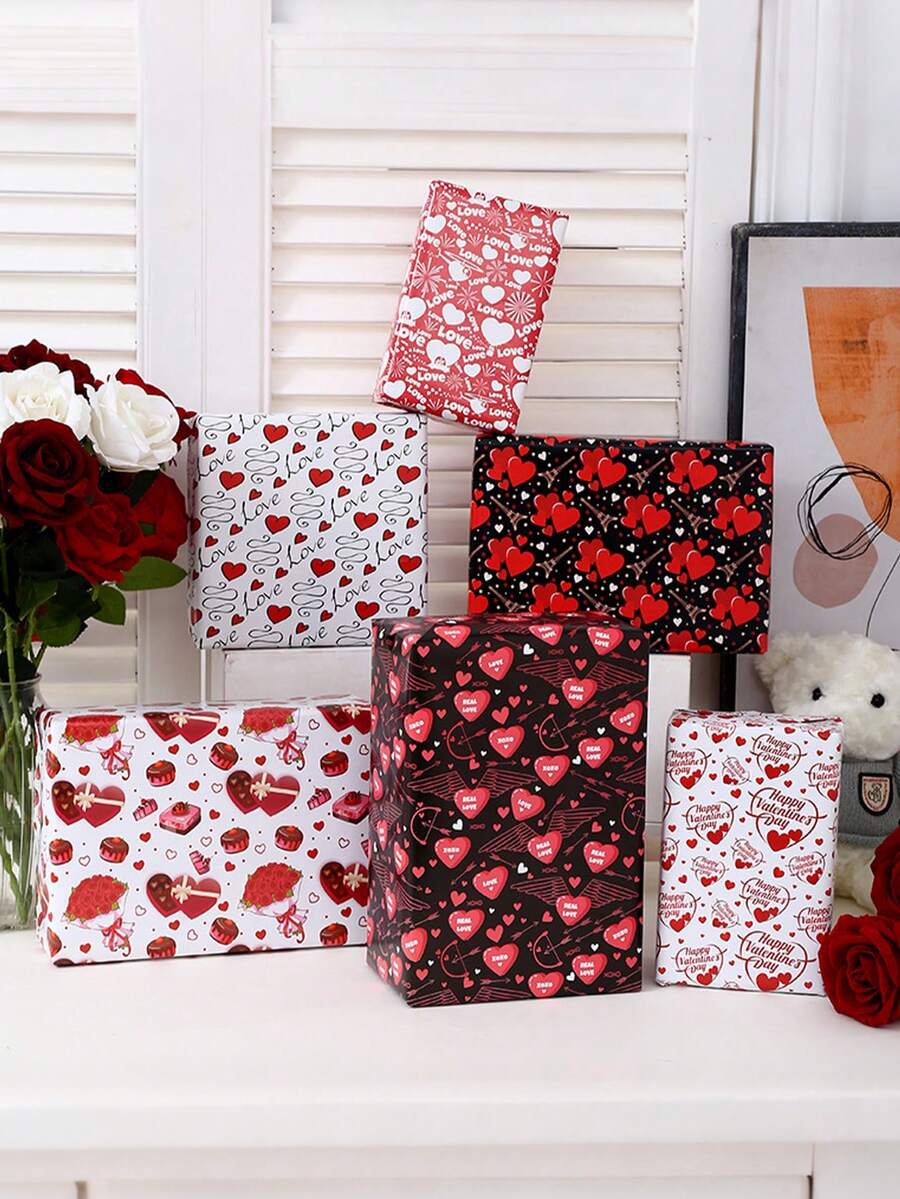 1/6张可爱什锦心形和礼品图案丝滑包装纸 - 完美的 情人节礼物包装 - 多色50cm*70cm - 查看 1