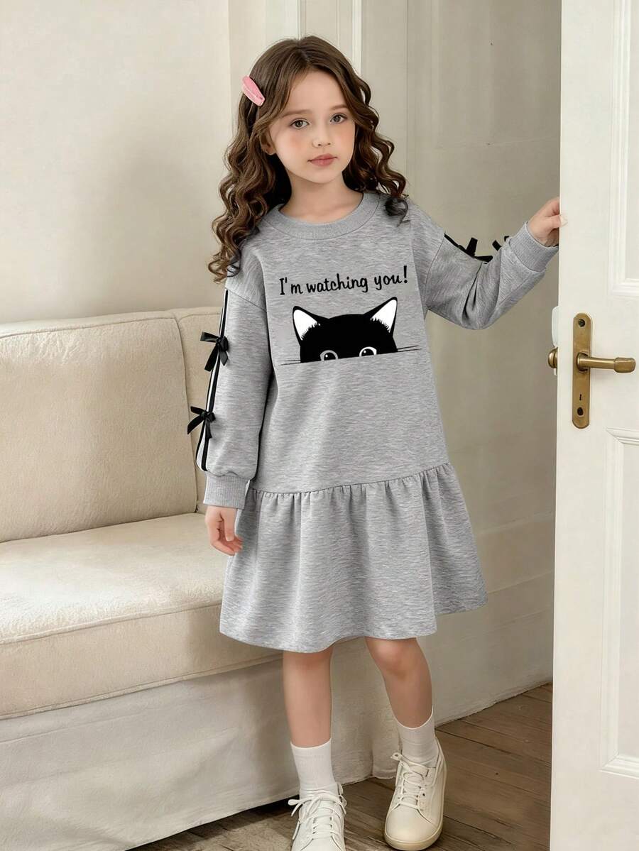 Tween Girl Casual School Sports Style Letter Print Contrast Striped Ruffle Trim Collared Dress