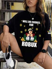 青少年男女趣味游戏印花短袖T恤，柔软亲肤，夏季时尚 - 黑色 - 查看 6