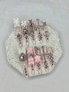 10PCS Y2K Pink Jirai Kei Cute Long Handmade Press On Nails Shibuya Gyaru Bow Heart Cross Diamond Stiletto Fake Nails Crown Nail Art Nails Supplies(1 Sheets Jelly Stickers+1PC Nail File) Handmade Press On Nails - Pink - View 11
